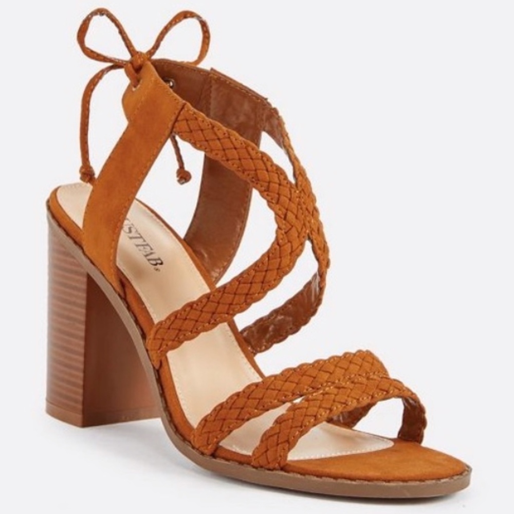 JustFab Brenda Braided Heeled Sandal in Cognac - Picture 1 of 6